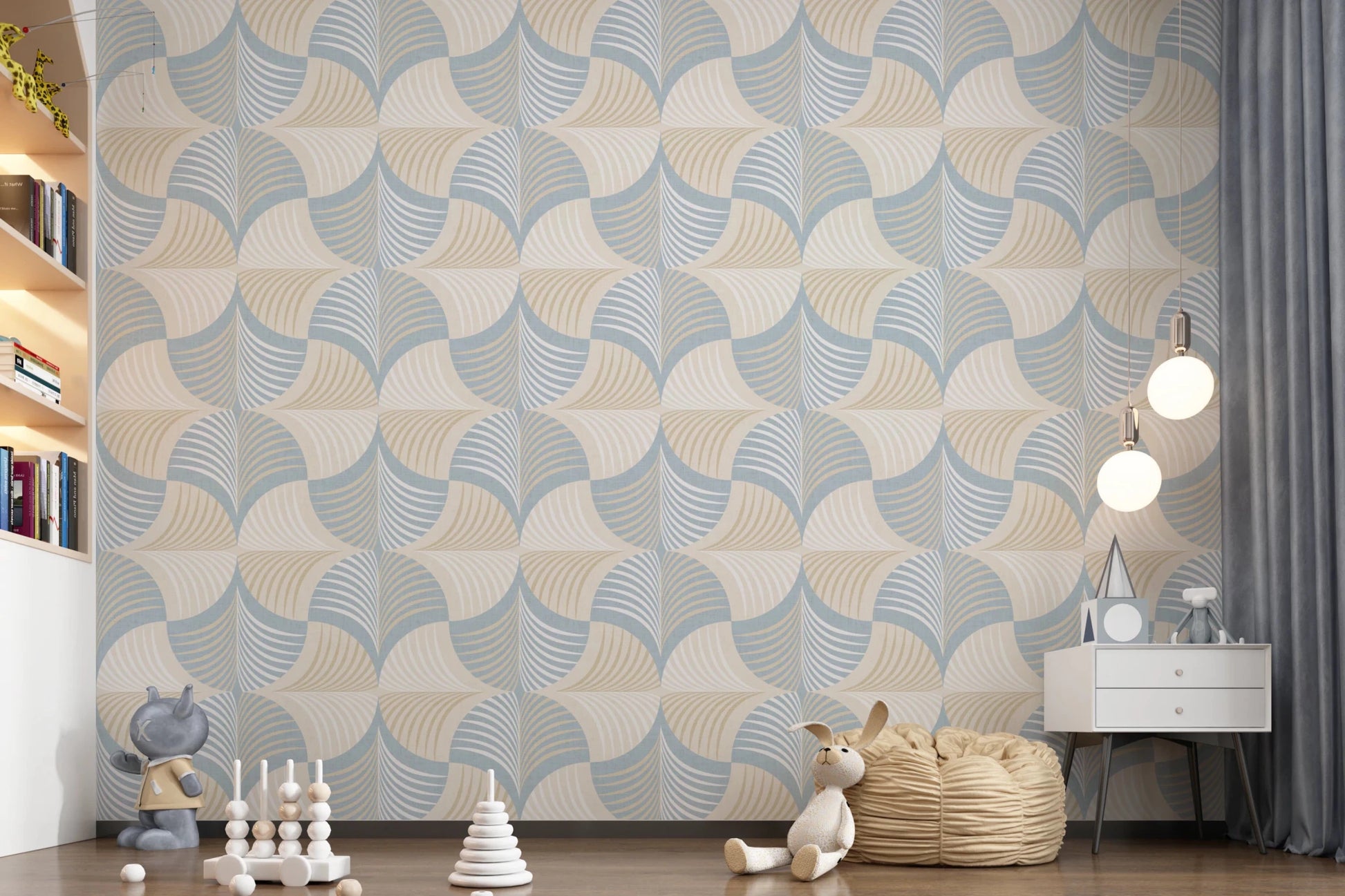 Art Deco Botanical Palm Fan – White Beige Blue Wallpaper⁠