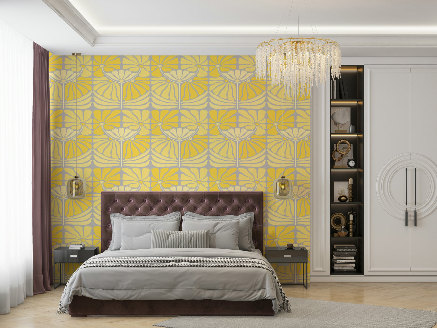 Art Deco-inspired flower wallpaper in luxe tones

