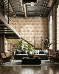 Art Deco palm tree wallpaper in gold and pink
