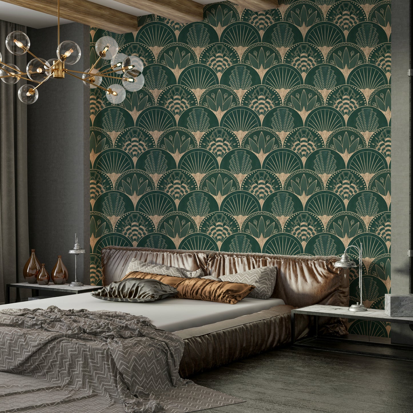 Gold wall wallpaper with fans

