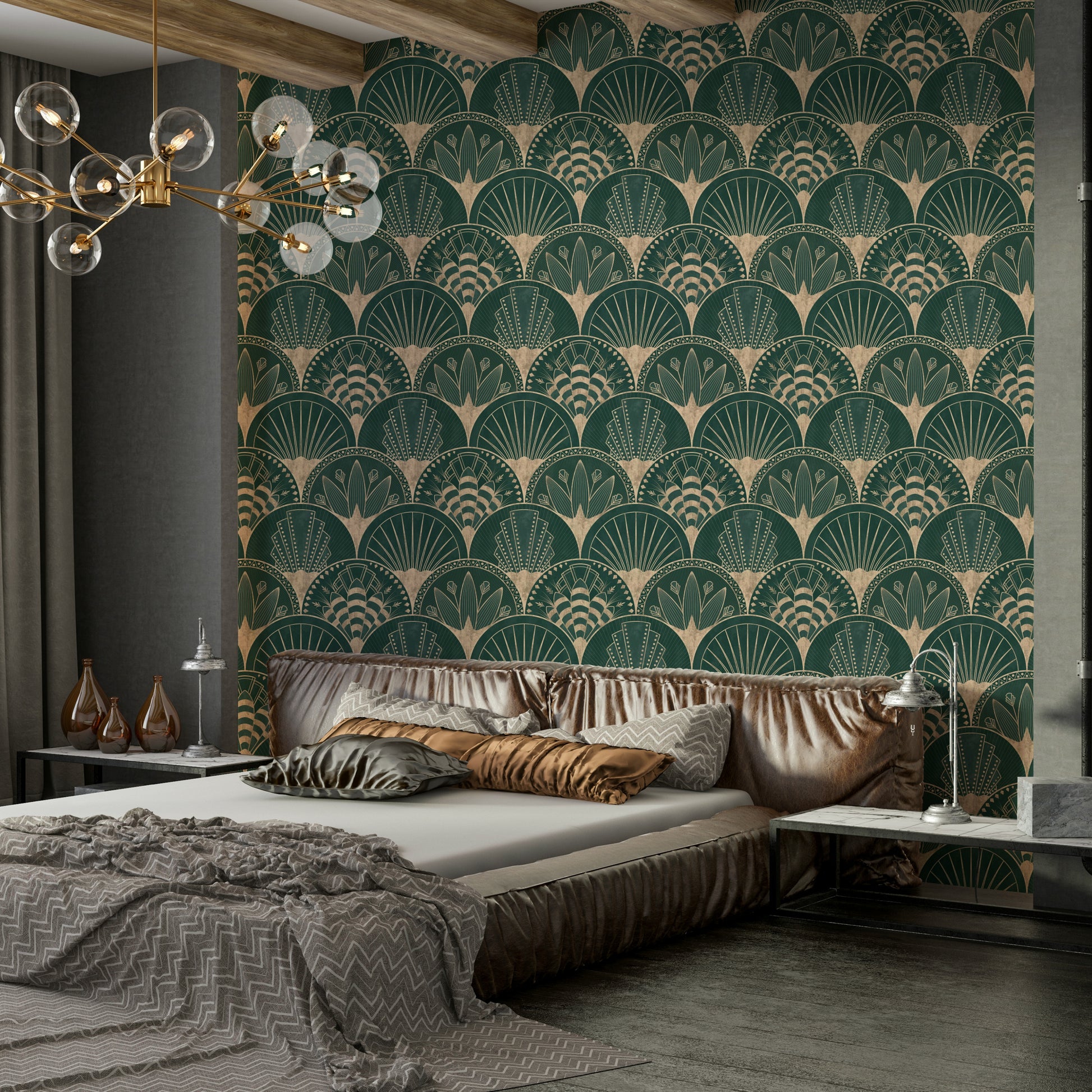 Gold wall wallpaper with fans

