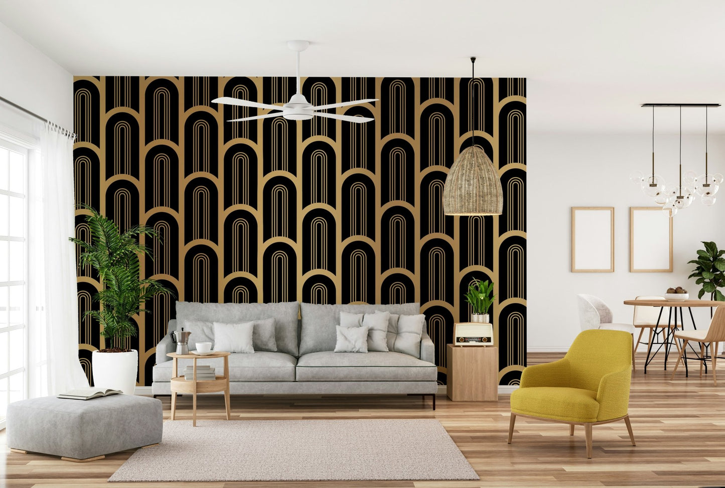 Repeating gold column mural in elegant Art Deco design.

