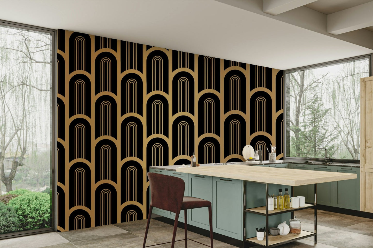Art Deco columns mural with rich contrast and luxury appeal.

