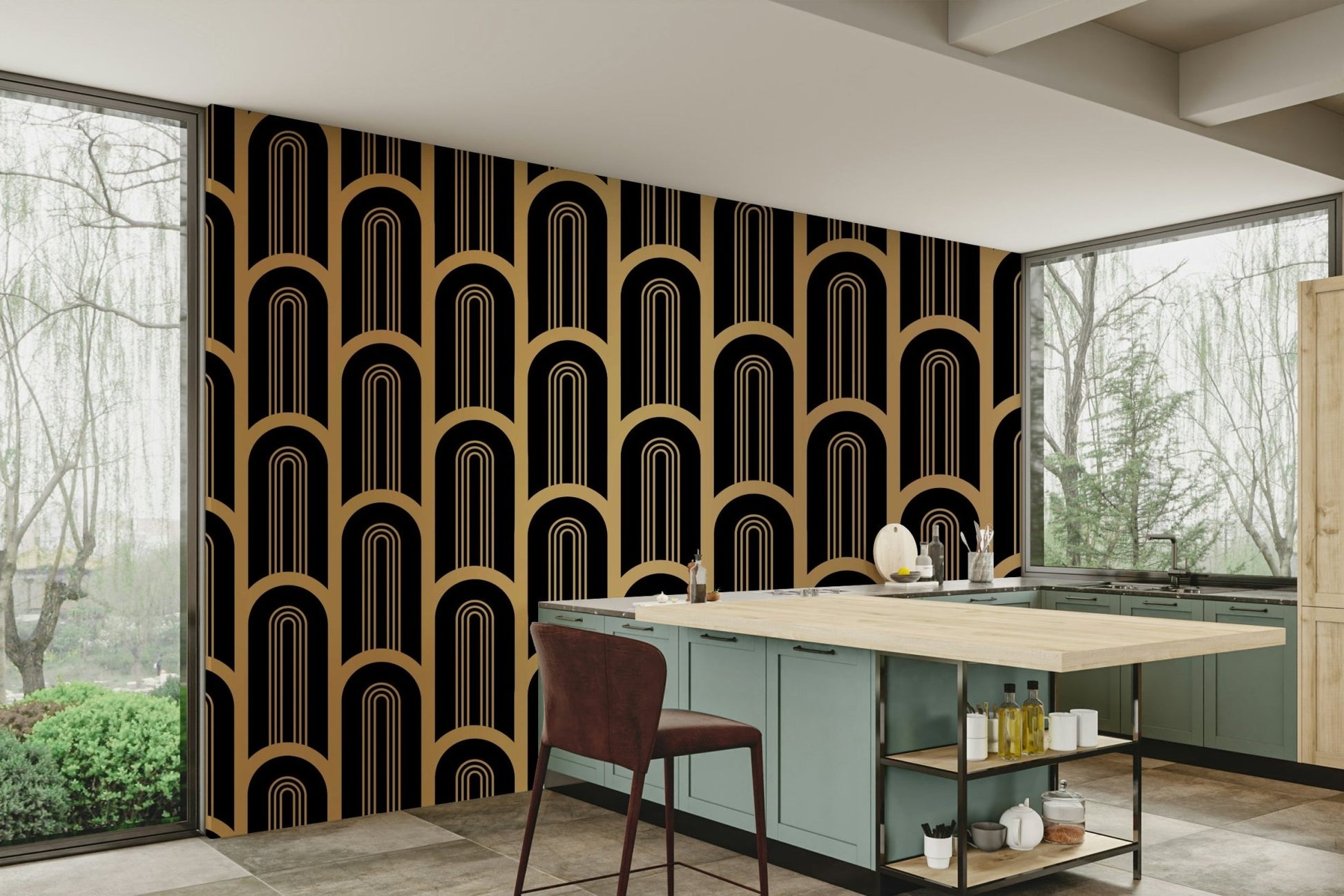 Art Deco columns mural with rich contrast and luxury appeal.

