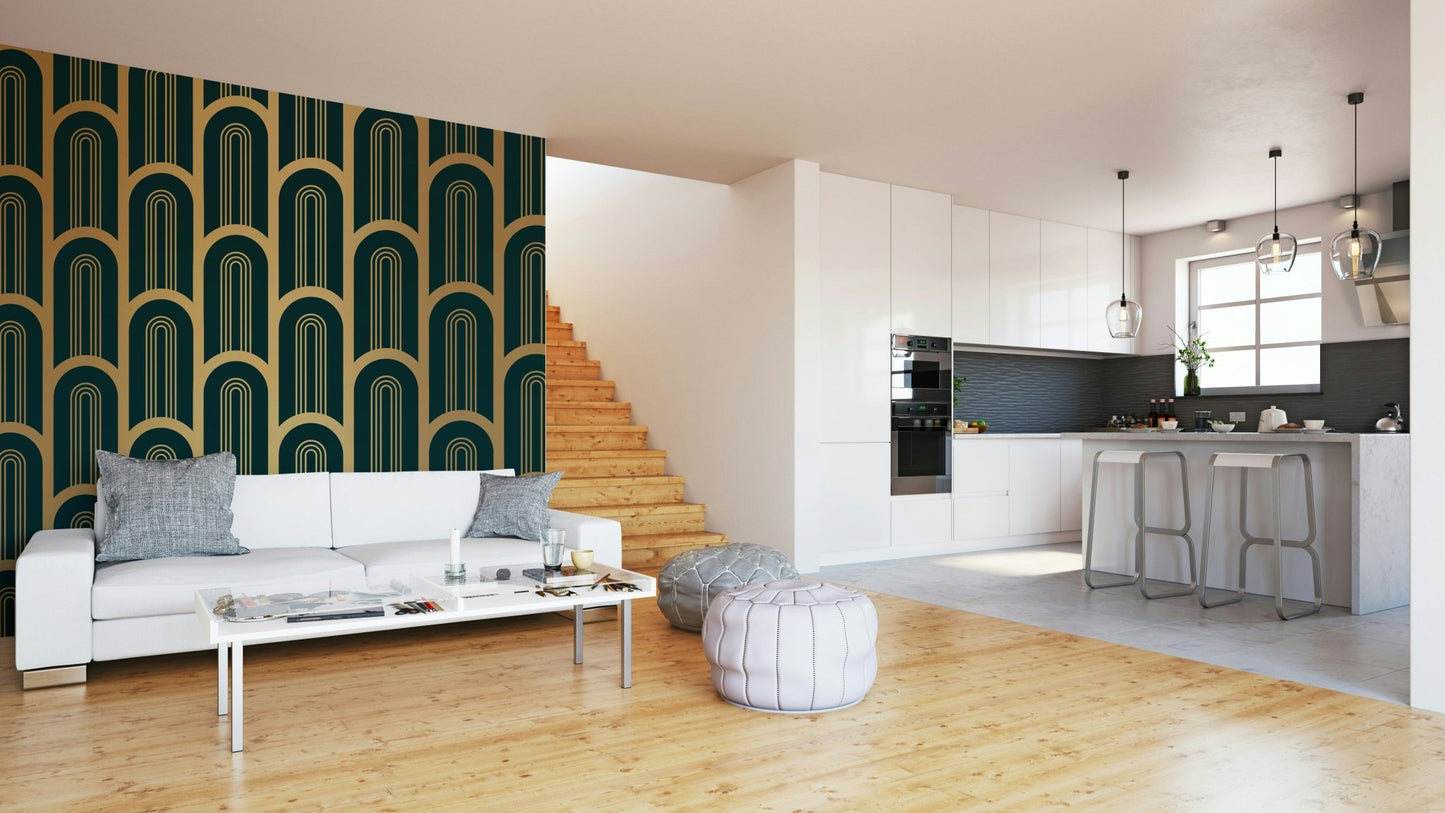 Classic Art Deco design with gold and cyan tones in wall mural

