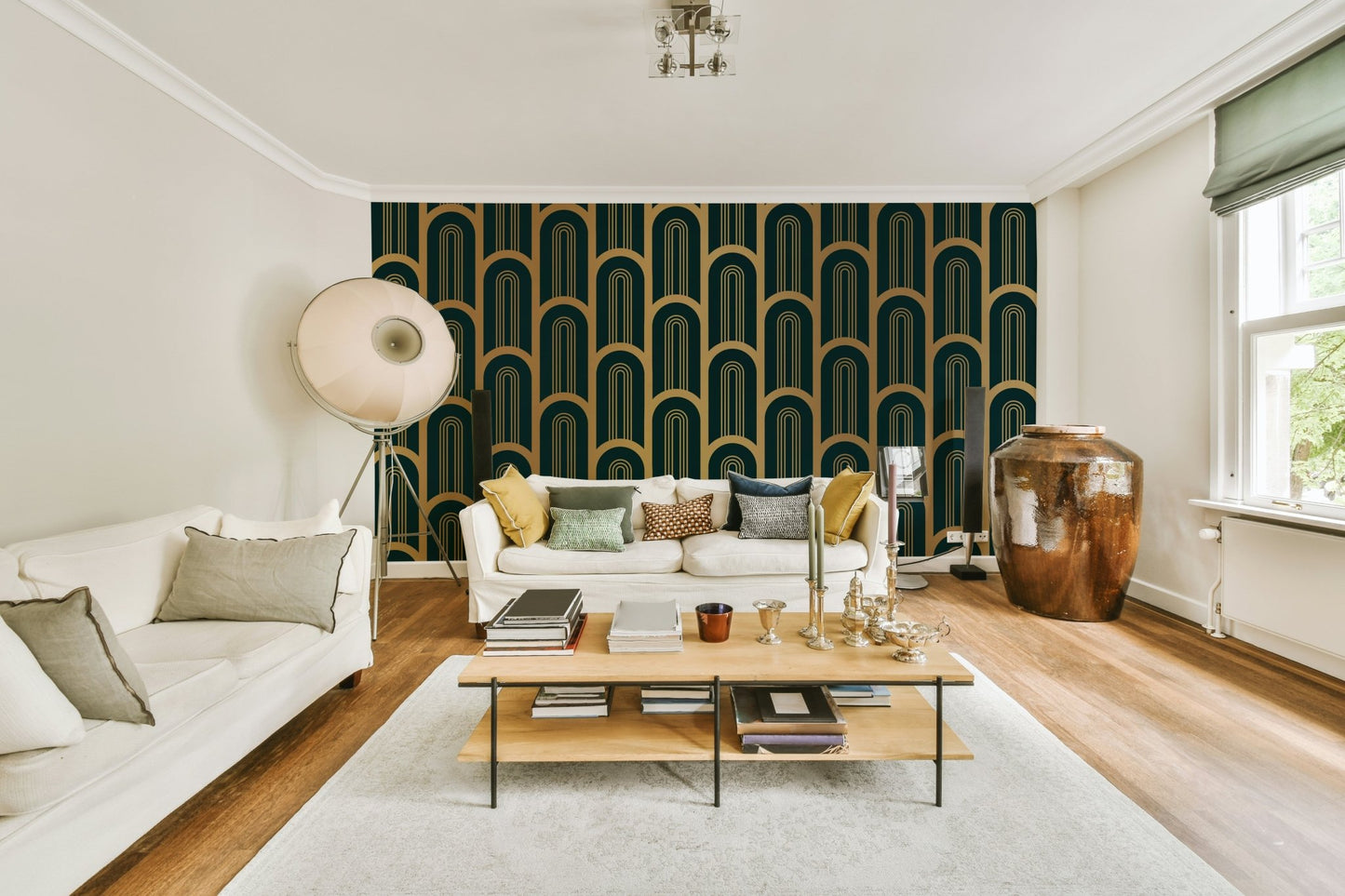 Gold and cyan Art Deco wall mural adding luxury to rooms

