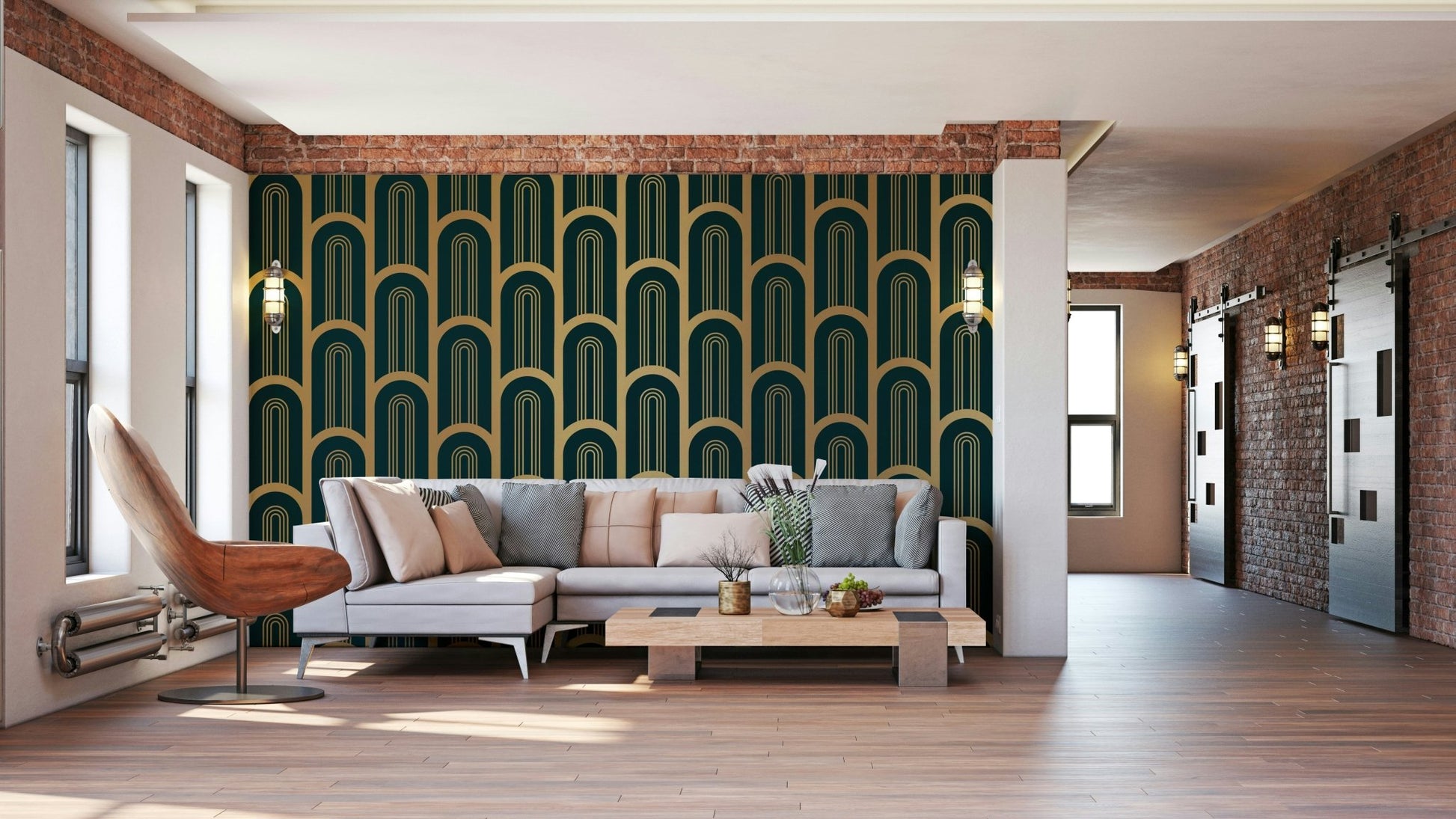 Sophisticated Art Deco columns design in cyan and gold mural


