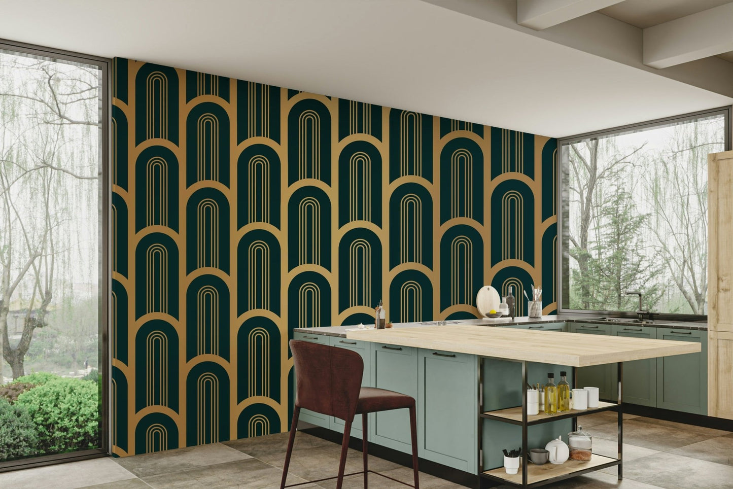Art Deco Luxury Cyan and Gold Columns Wall Mural with geometric patterns

