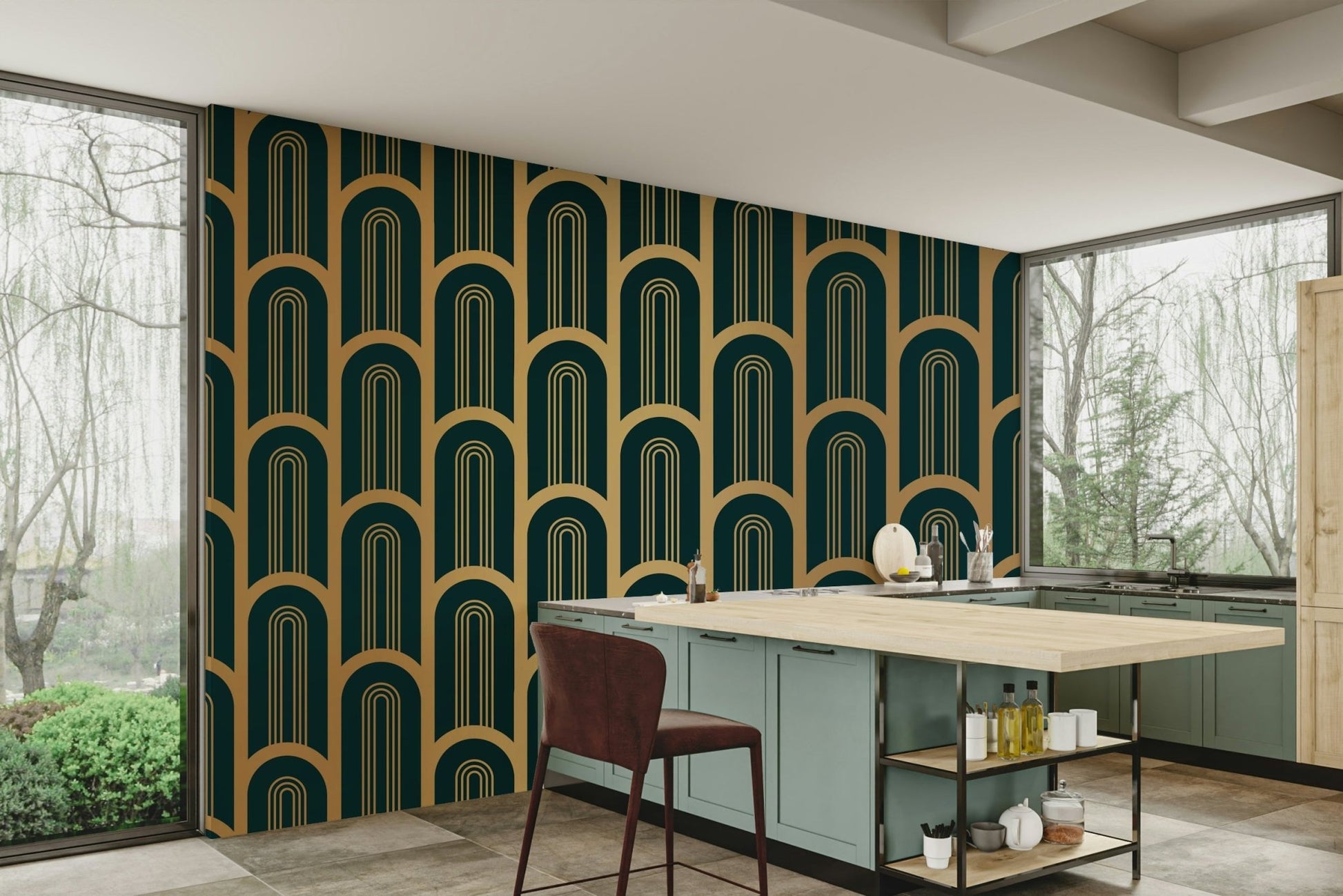 Art Deco Luxury Cyan and Gold Columns Wall Mural with geometric patterns

