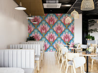 Wallpaper with an Art Deco pink lotus pattern.

