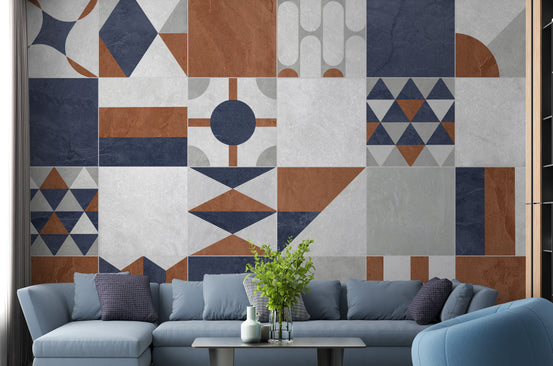 Multicolor Art Deco Terrazzo wallpaper shown as a full feature wall that highlights the design