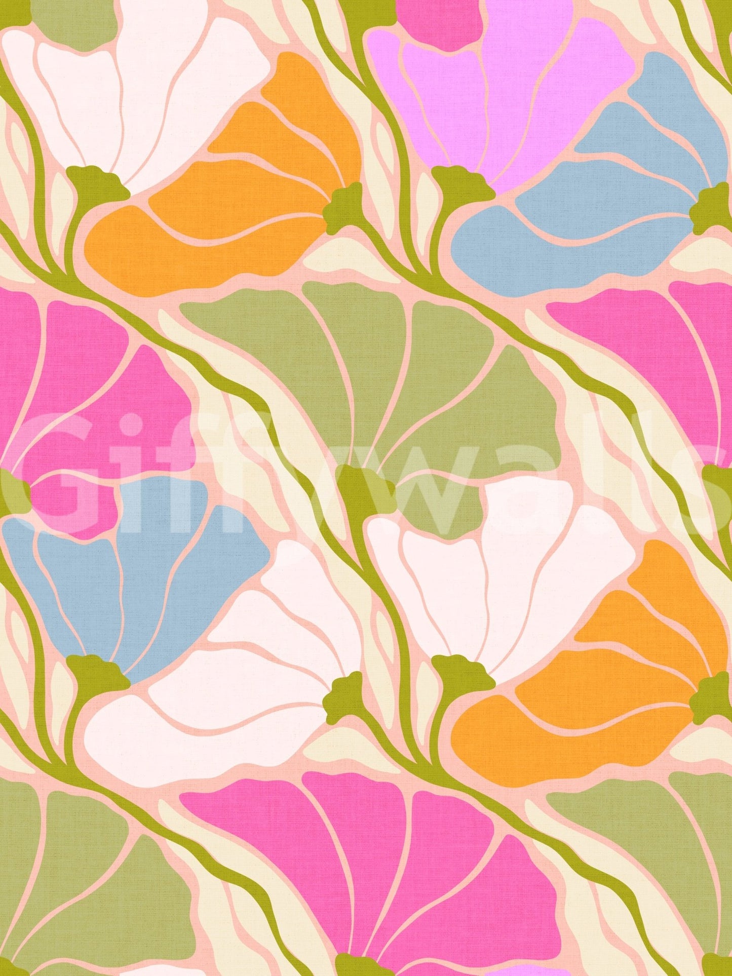 Art Nouveau Botanica Fan Flow Bloom Burst wallpaper close-up showing the bold pink, orange and blue fan floral pattern