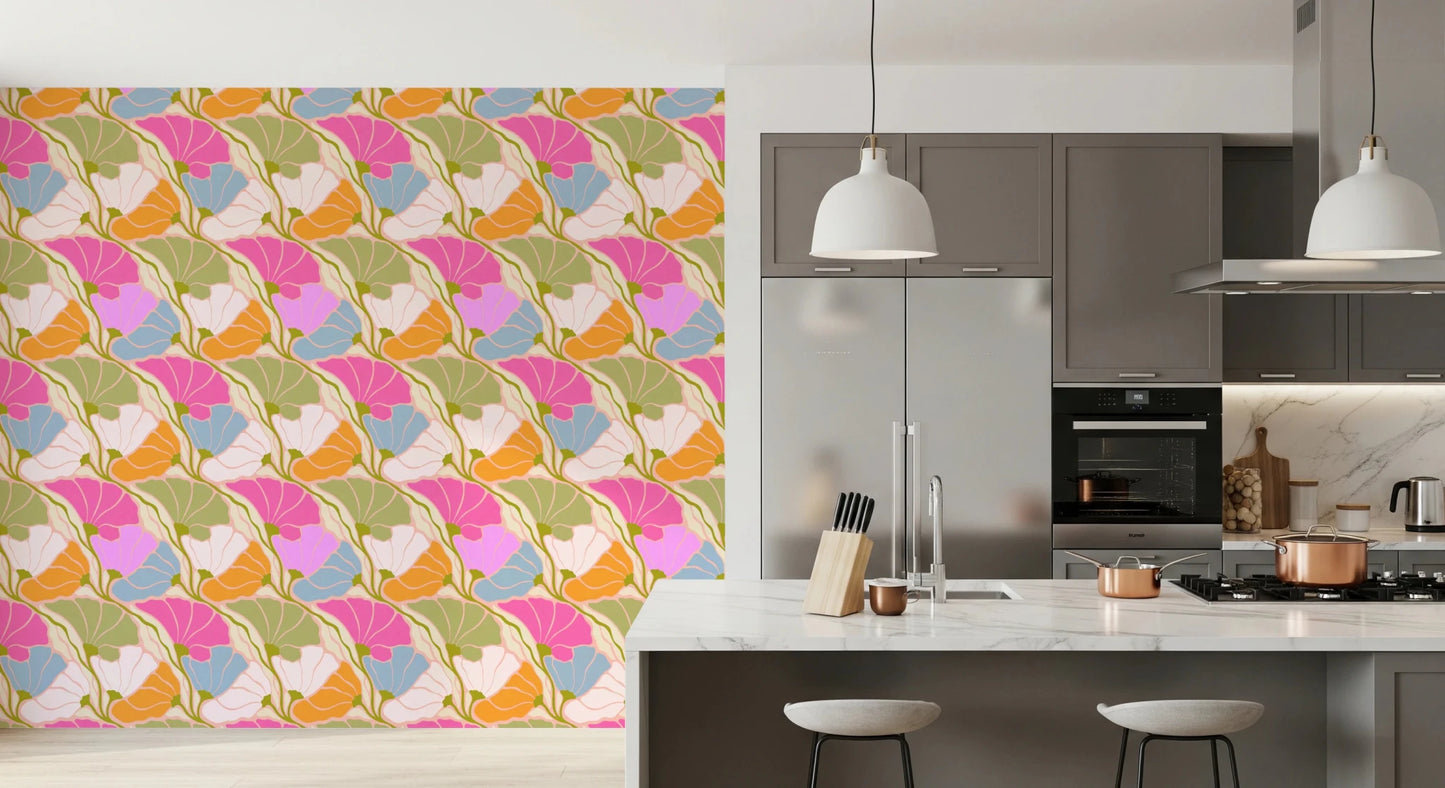Art Nouveau Botanica Fan Flow Bloom Burst wallpaper beside a grey kitchen island with marble top and copper pots
