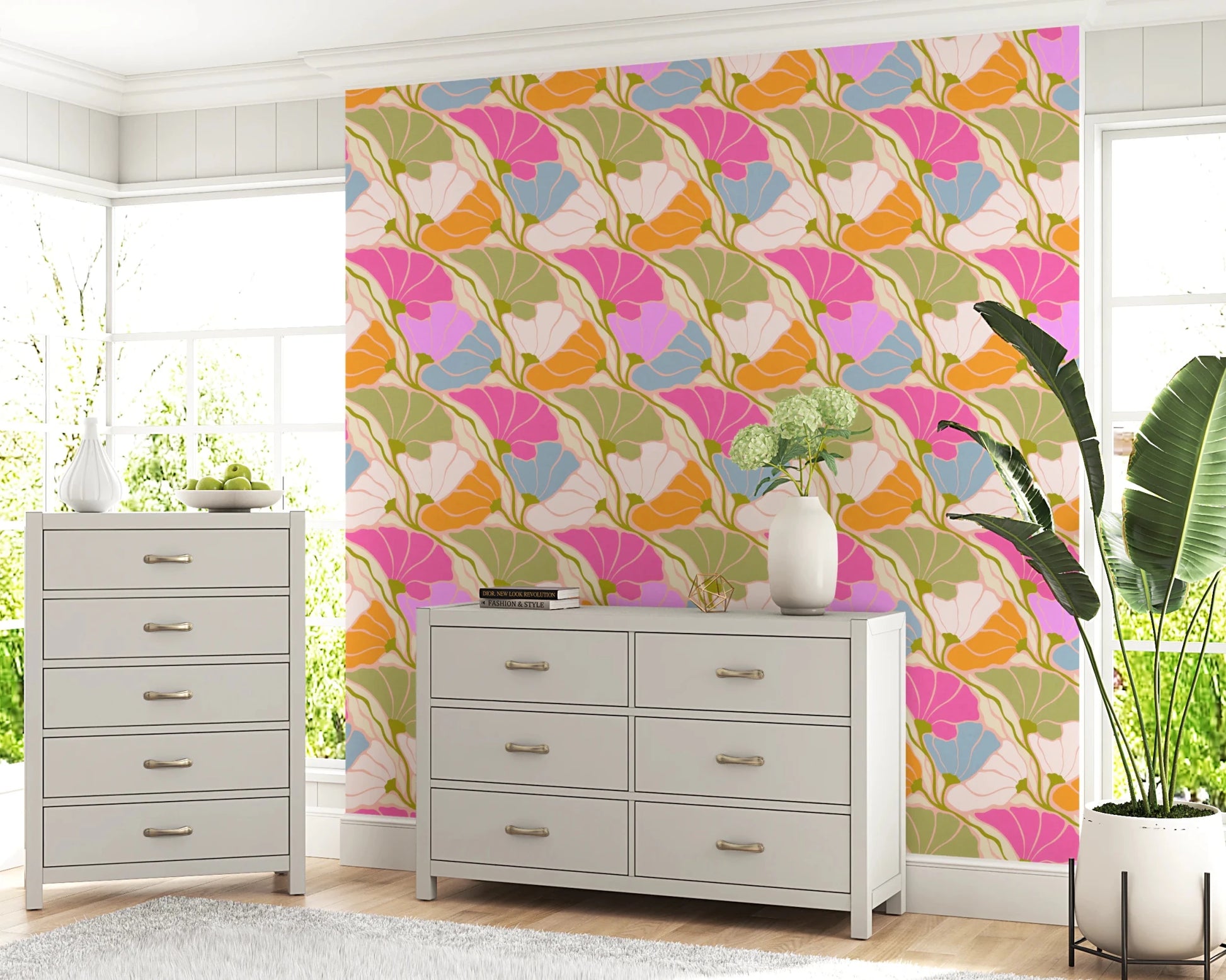 Art Nouveau Botanica Fan Flow Bloom Burst wallpaper behind two white dressers and a hydrangea in a bedroom