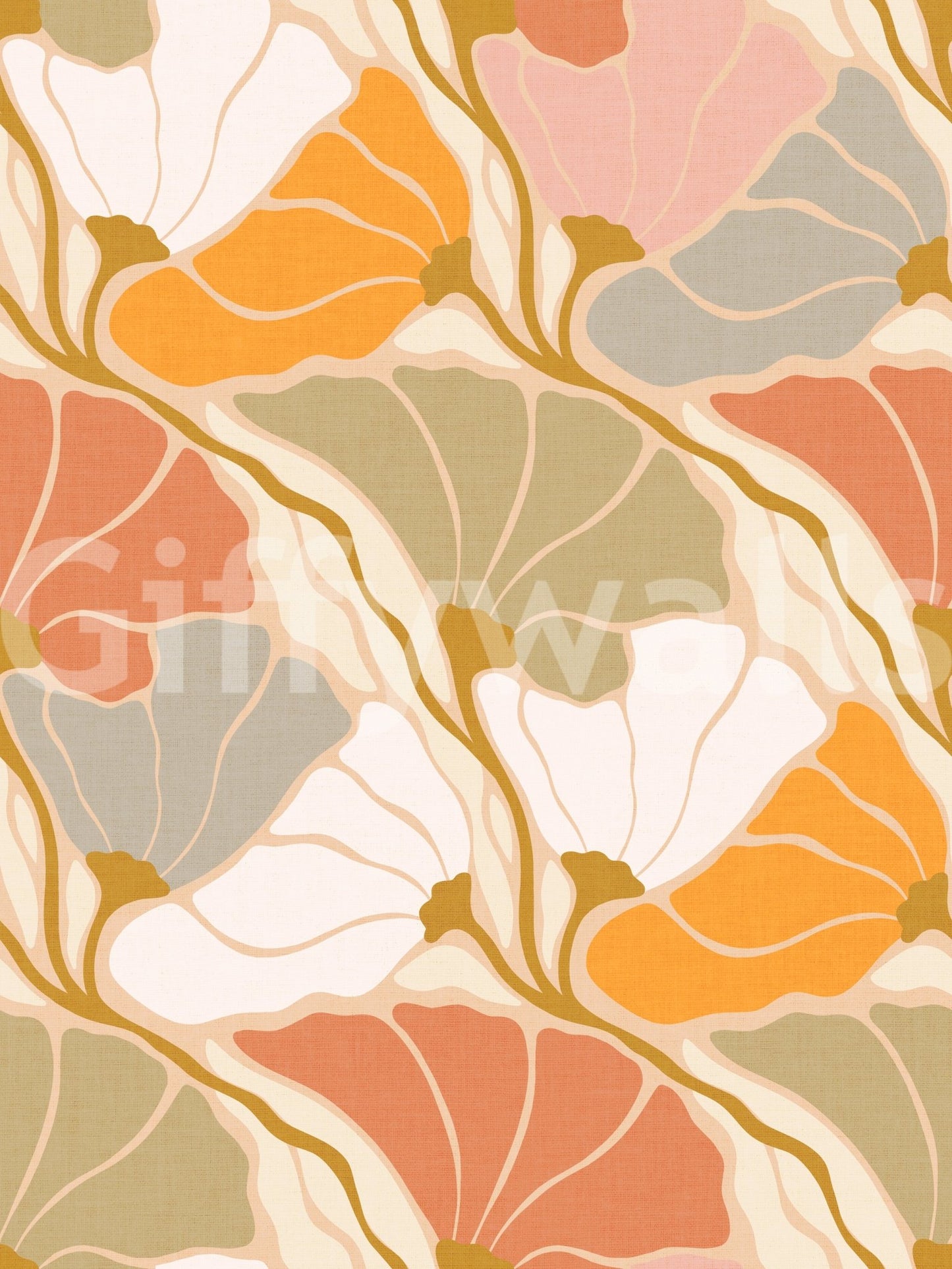 Art Nouveau Botanica Fan Flow Cosy Blooms wallpaper close-up showing the warm orange and olive fan floral pattern