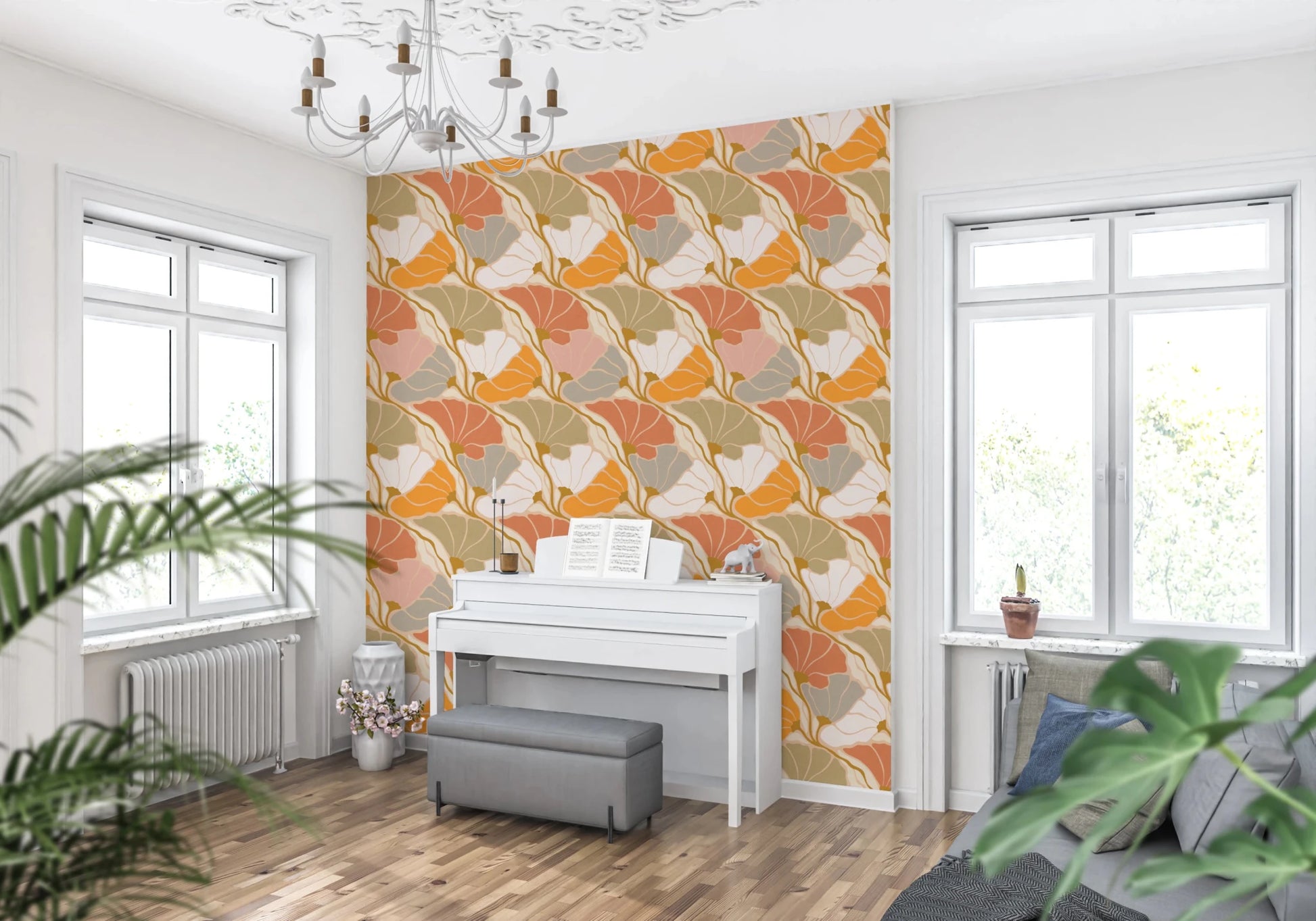 Art Nouveau Botanica Fan Flow Cosy Blooms wallpaper behind a white upright piano in a bright living room