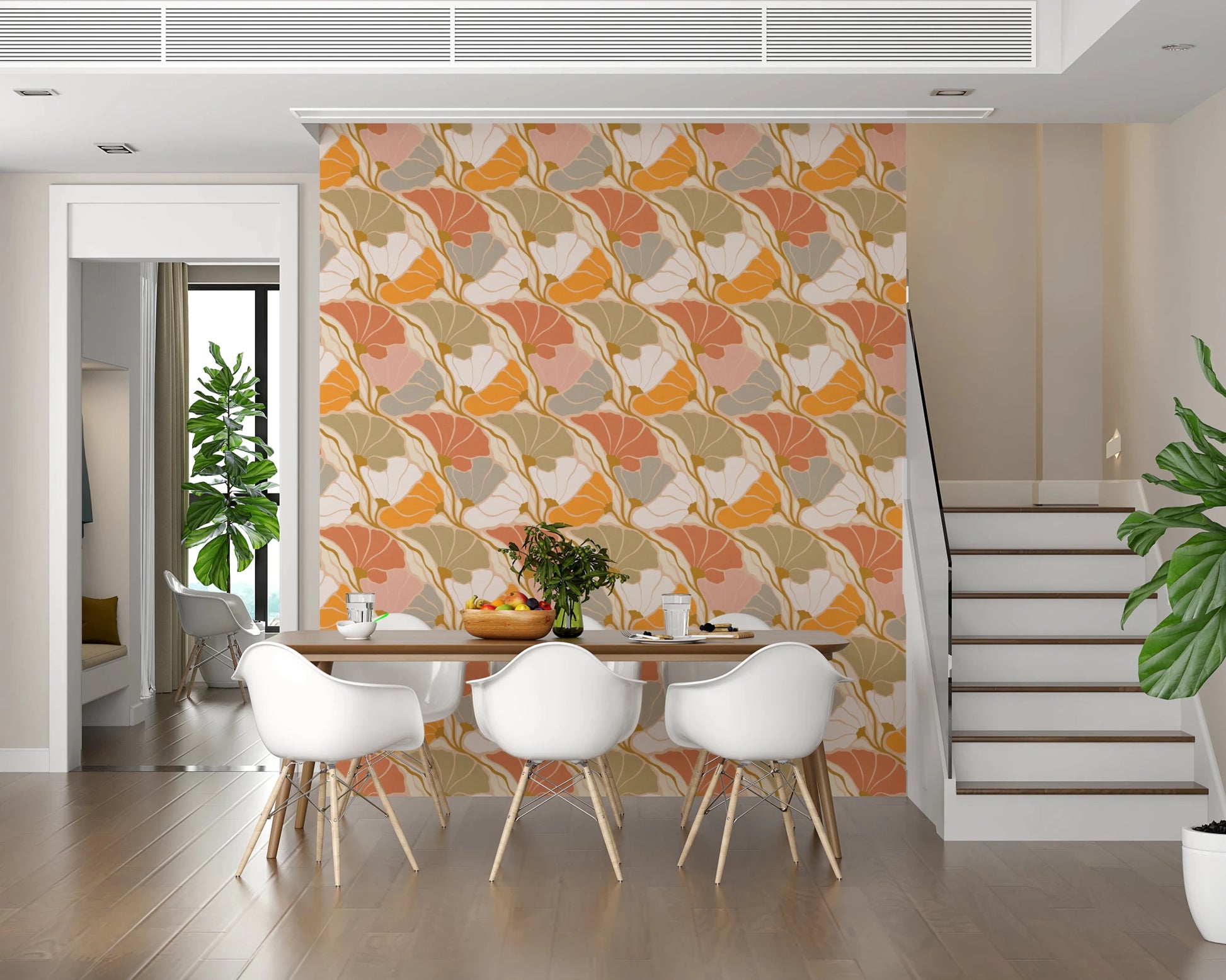 Art Nouveau Botanica Fan Flow Cosy Blooms wallpaper behind white Eames chairs and a wood table by a staircase