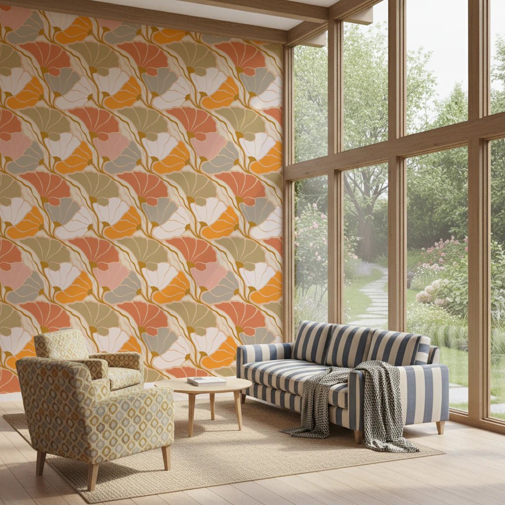 Art Nouveau Botanica Fan Flow Cosy Blooms wallpaper behind a striped sofa by floor-to-ceiling garden windows