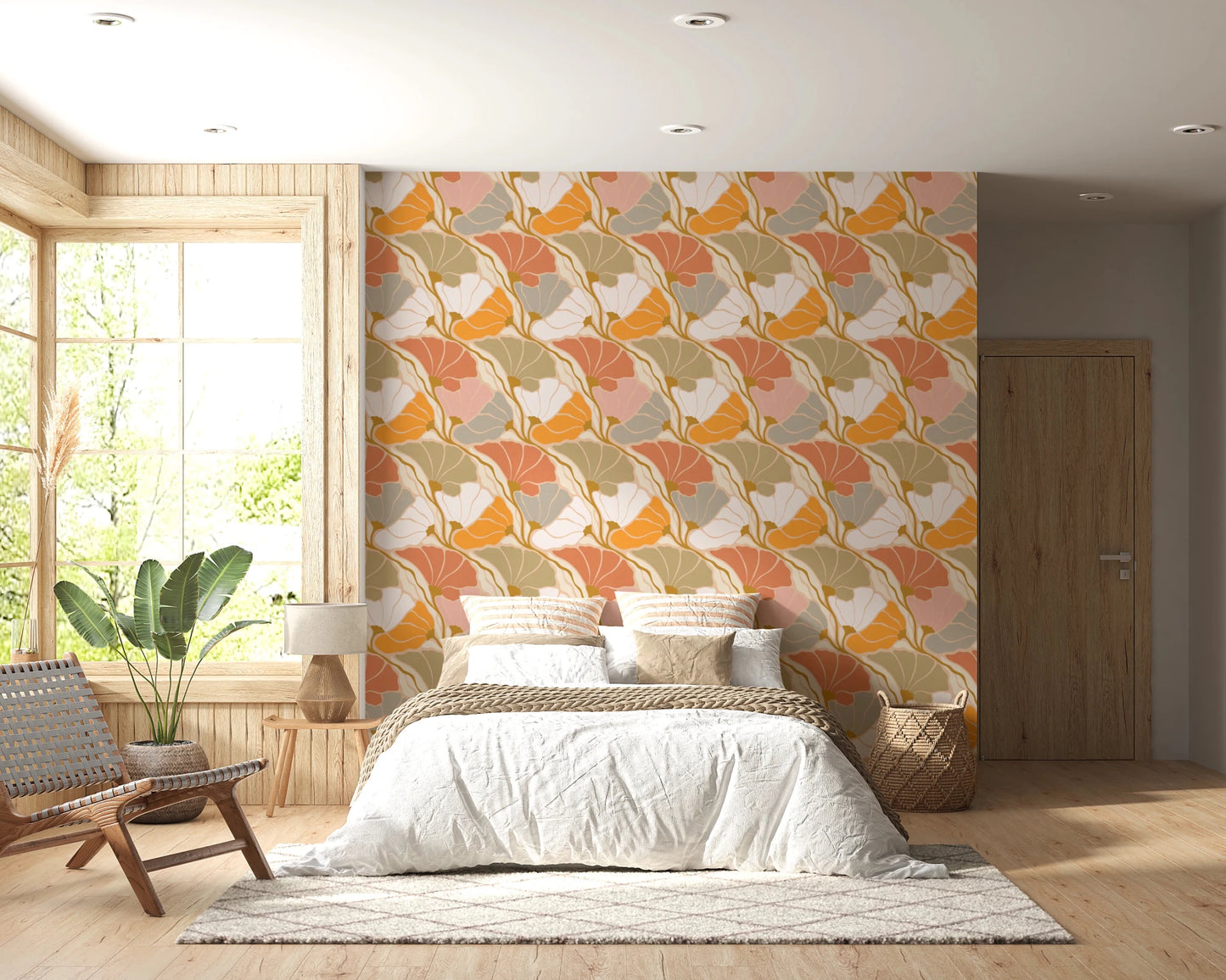 Art Nouveau Botanica Fan Flow Cosy Blooms wallpaper behind a white bed with woven headboard in a wood-walled bedroom