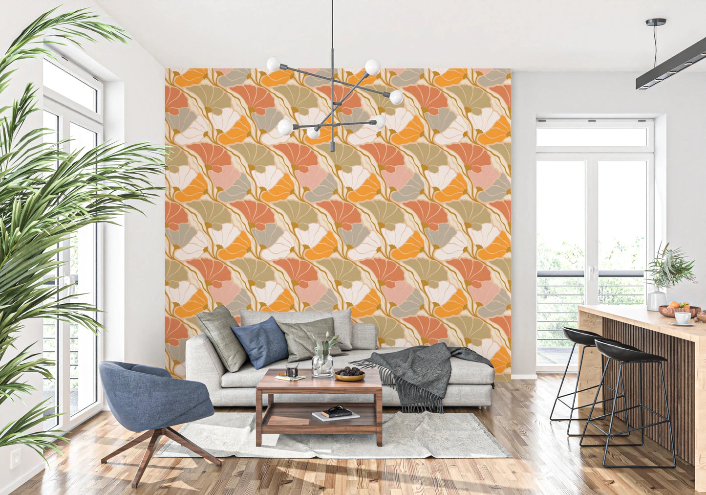 Art Nouveau Botanica Fan Flow Cosy Blooms wallpaper behind a grey sofa and blue swivel chair in a living room