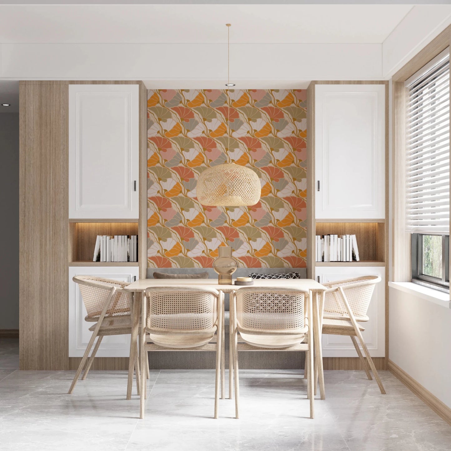 Art Nouveau Botanica Fan Flow Cosy Blooms wallpaper behind a wood dining table and rattan chairs in a kitchen nook