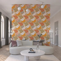 Art Nouveau Botanica Fan Flow Cosy Blooms wallpaper behind a white curved sofa and classical bust in a living room