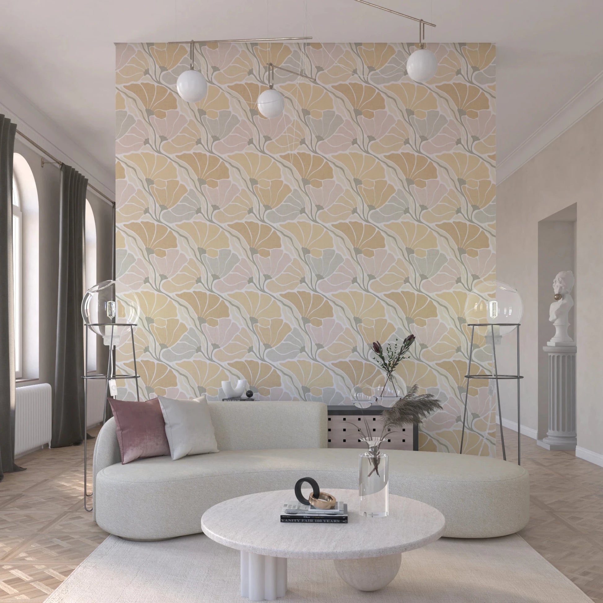 Art Nouveau Botanica Fan Flow Earthy Tones wallpaper behind a white curved sofa and classical bust in a living room