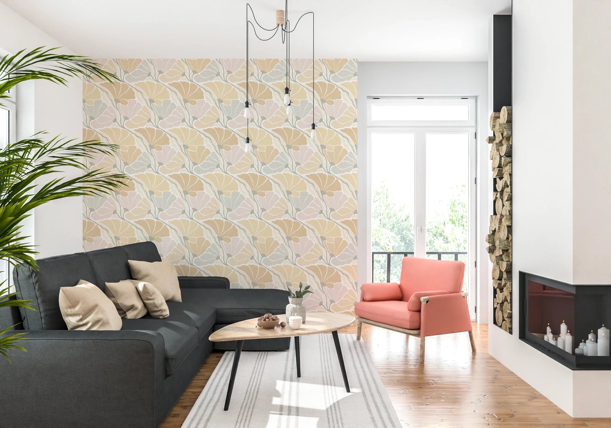 Art Nouveau Botanica Fan Flow Earthy Tones wallpaper behind a dark grey sofa and coral armchair by a fireplace
