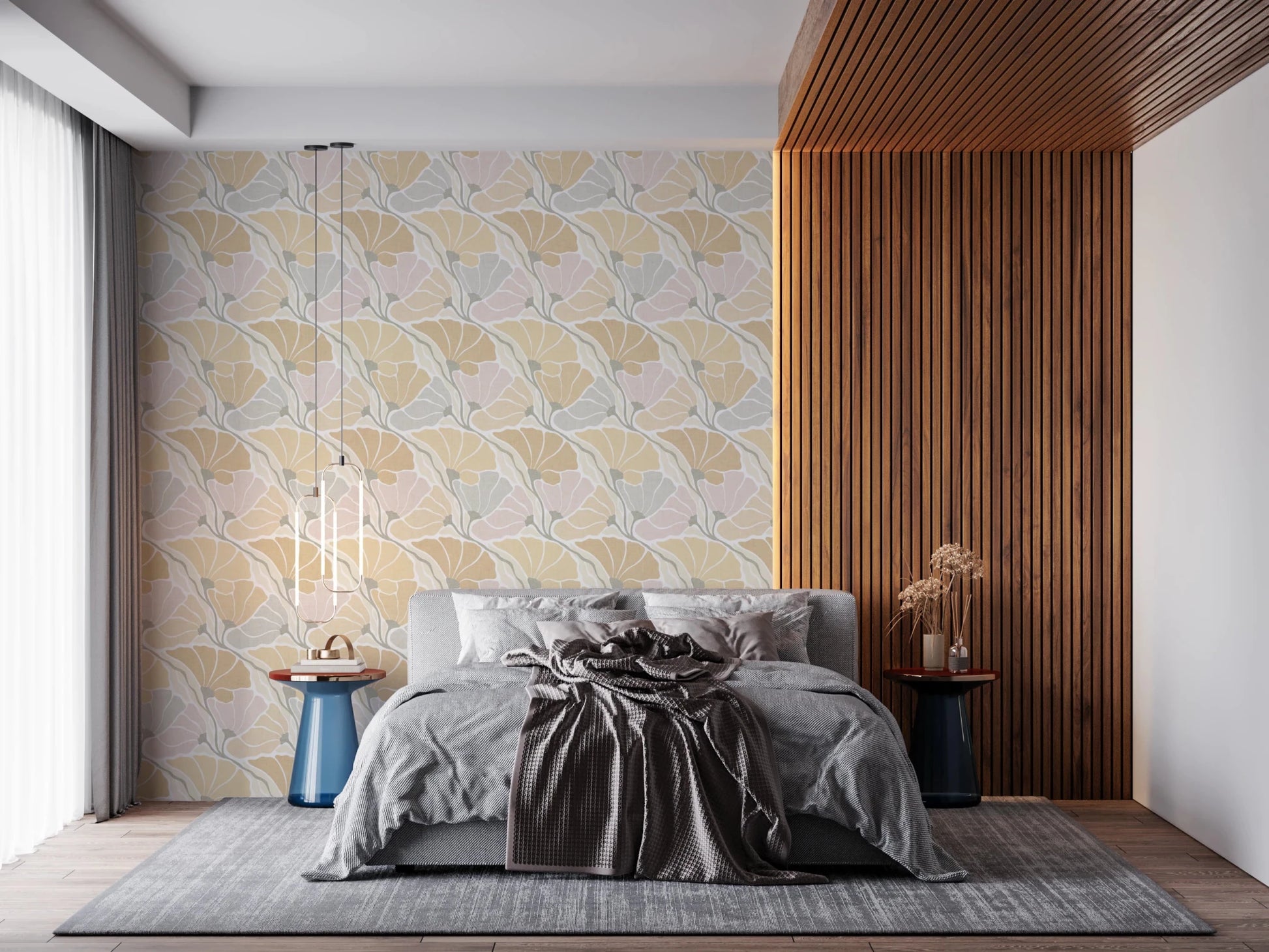 Art Nouveau Botanica Fan Flow Earthy Tones wallpaper with pastel florals behind a grey bed in a bedroom