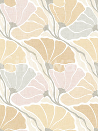 Art Nouveau Botanica Fan Flow Earthy Tones wallpaper close-up showing the pastel yellow and pink fan floral pattern