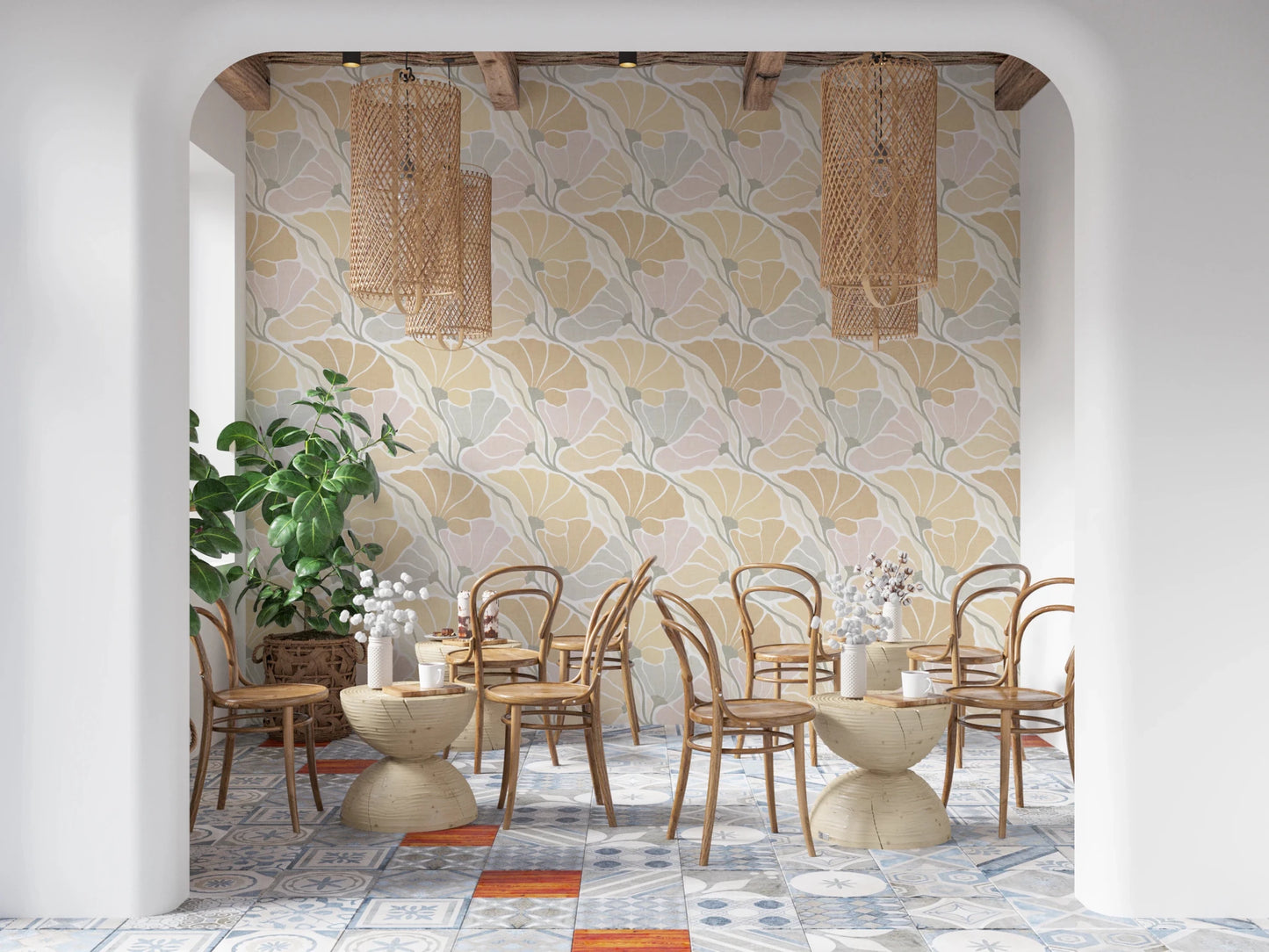 Art Nouveau Botanica Fan Flow Earthy Tones wallpaper behind bentwood chairs and rattan pendants in a cafe