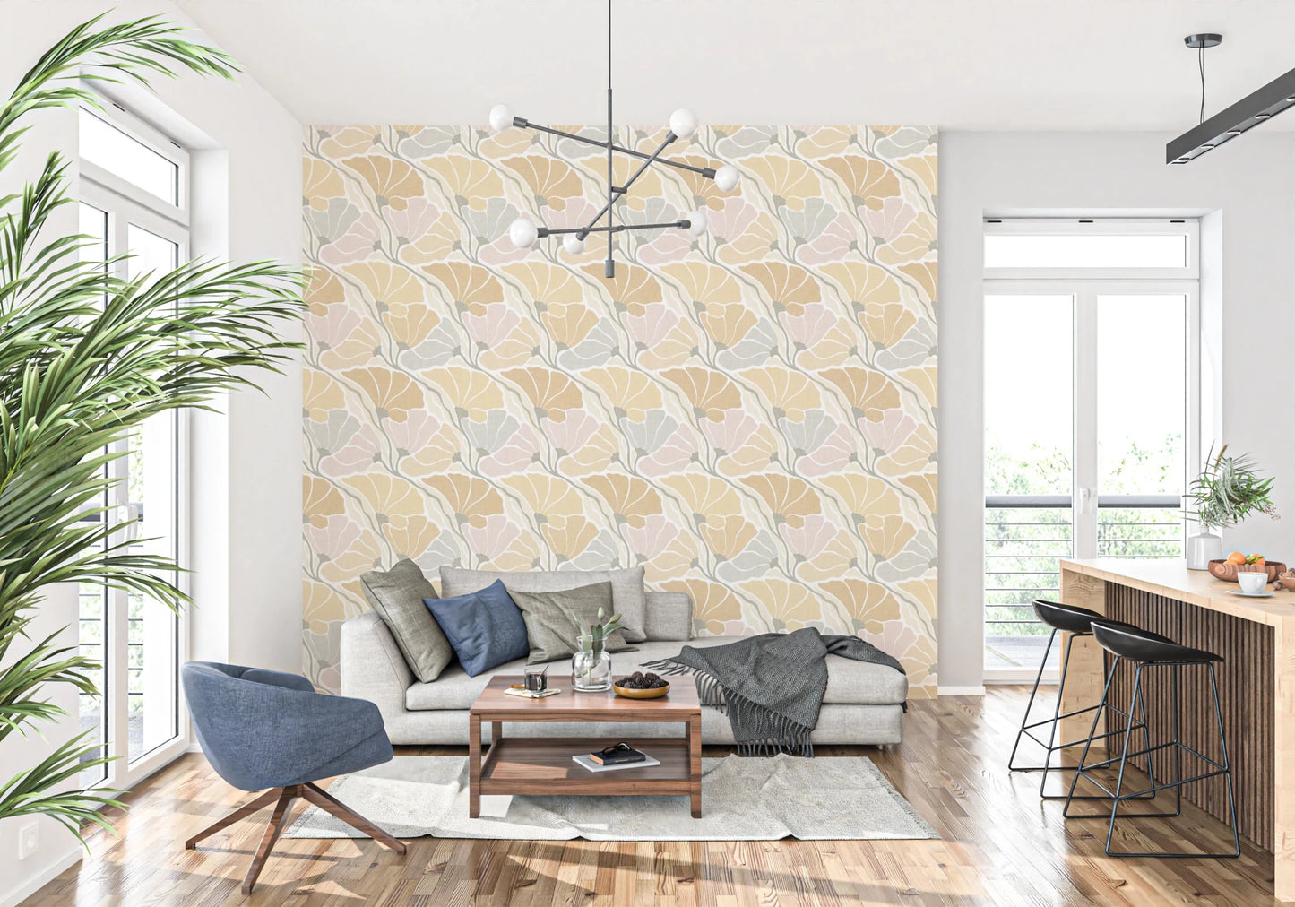 Art Nouveau Botanica Fan Flow Earthy Tones wallpaper behind a beige sofa and blue swivel chair in a living room
