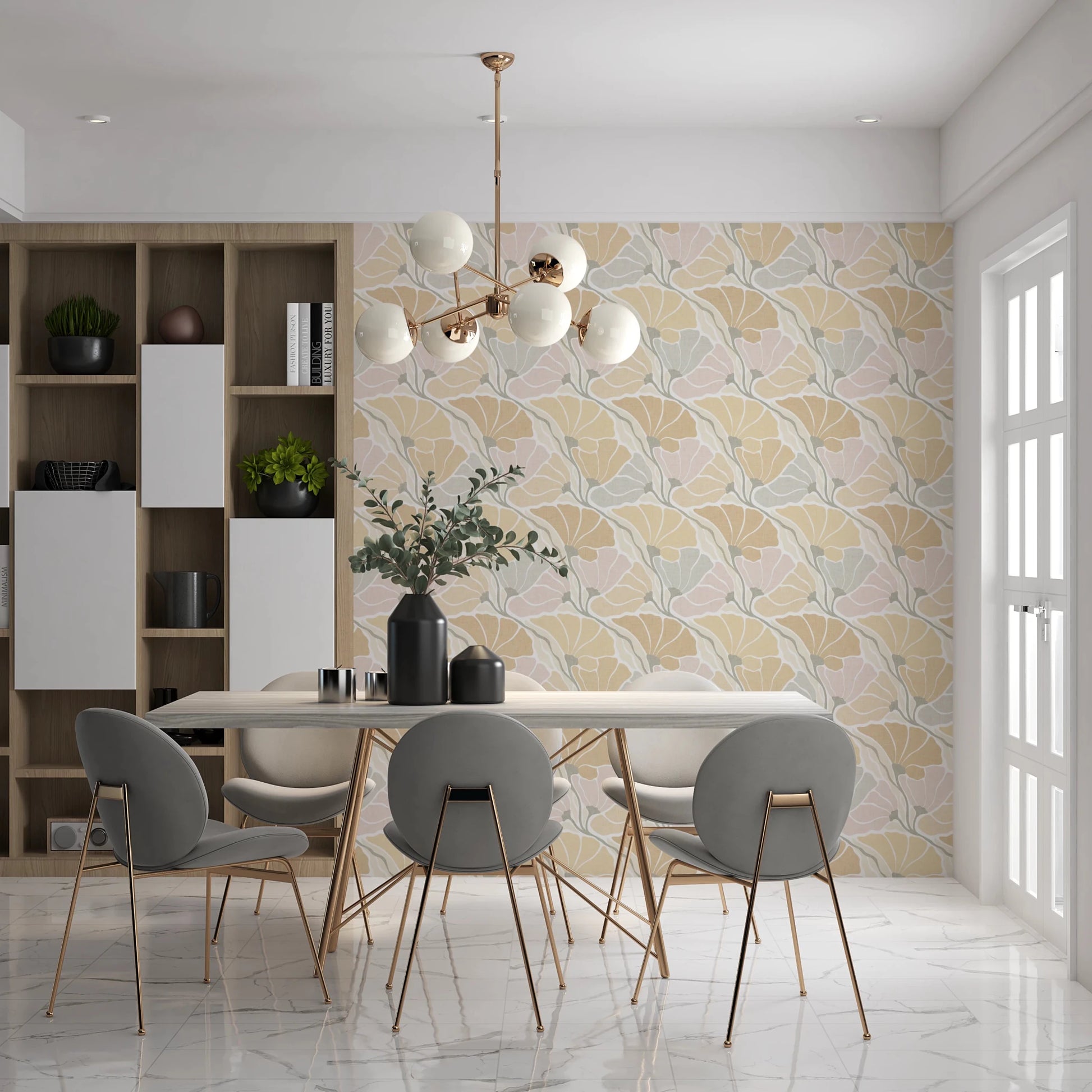 Art Nouveau Botanica Fan Flow Earthy Tones wallpaper behind a dining table with grey chairs and gold chandelier