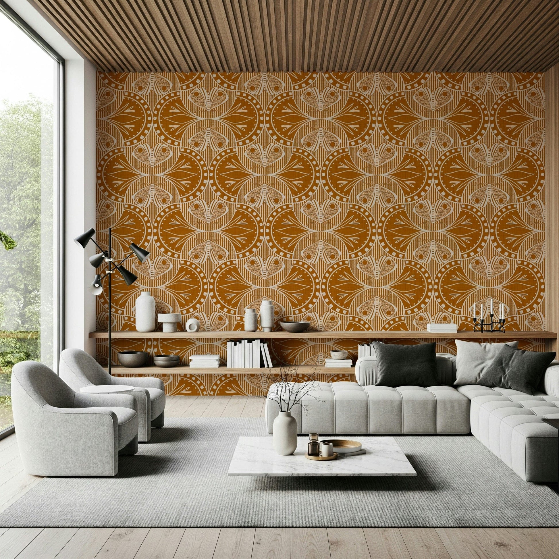 Art Nouveau Butterfly Floral burnt orange wallpaper detailed drawing texture.