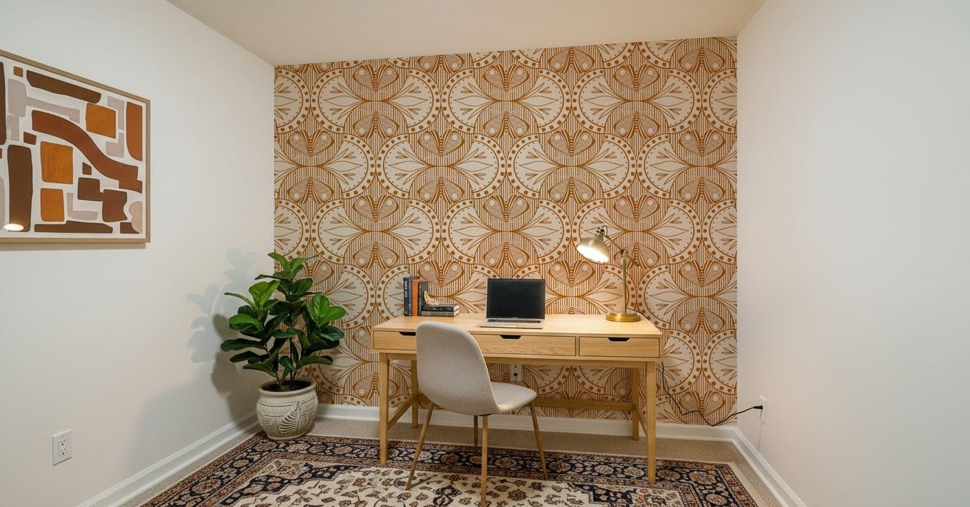 Cream Burnt Orange butterfly wall mural elegant Art Nouveau look.