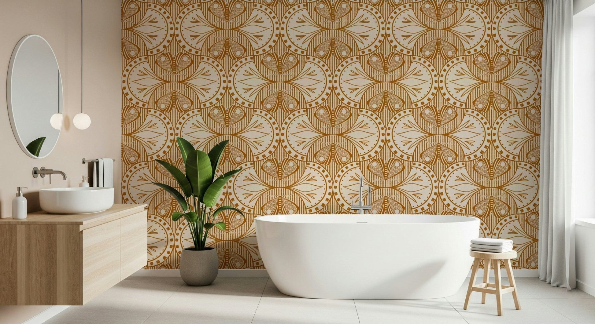 Stylish Burnt Orange butterfly motif Art Nouveau wall covering accent.