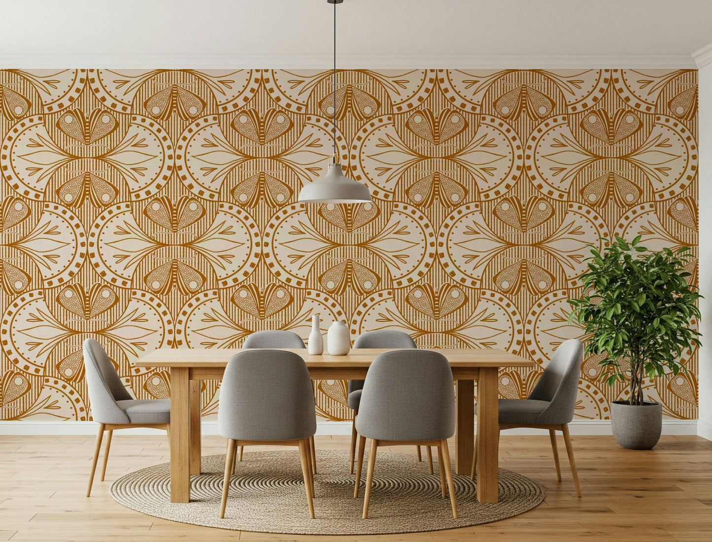 Moth and botanical repeat Art Nouveau peel and stick wallpaper.