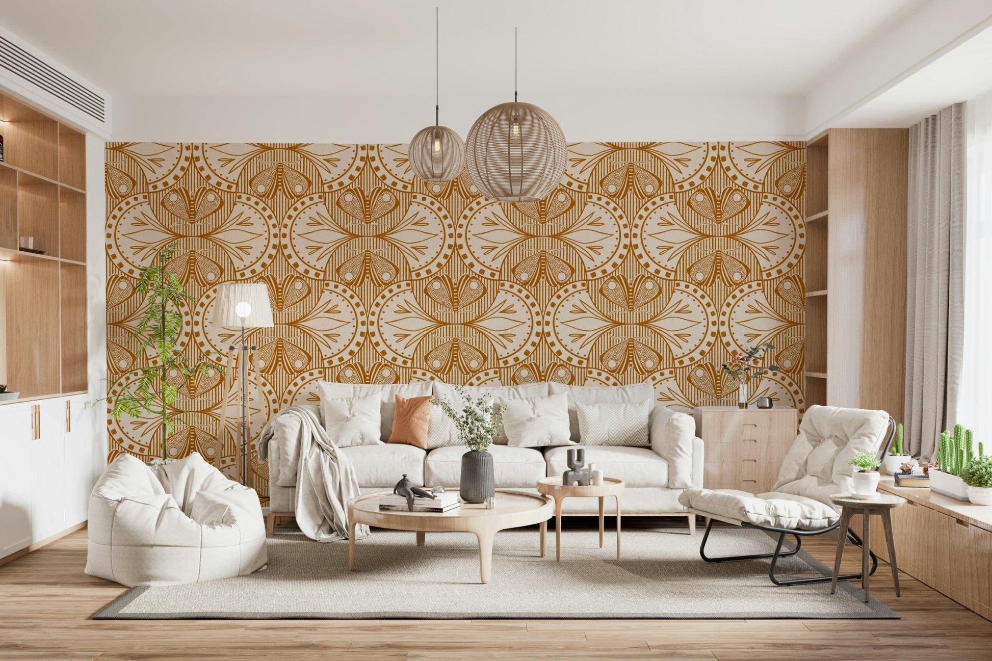 Cream and orange Art Nouveau Butterfly Floral intricate wallpaper print.