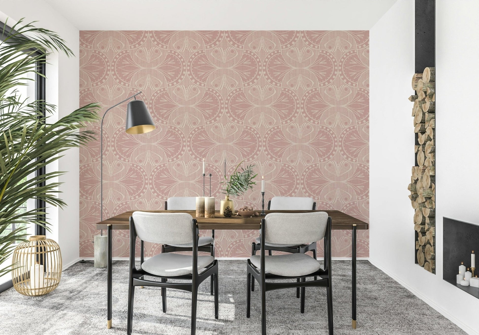 Art Nouveau-inspired wall covering with symmetrical butterfly shapes.