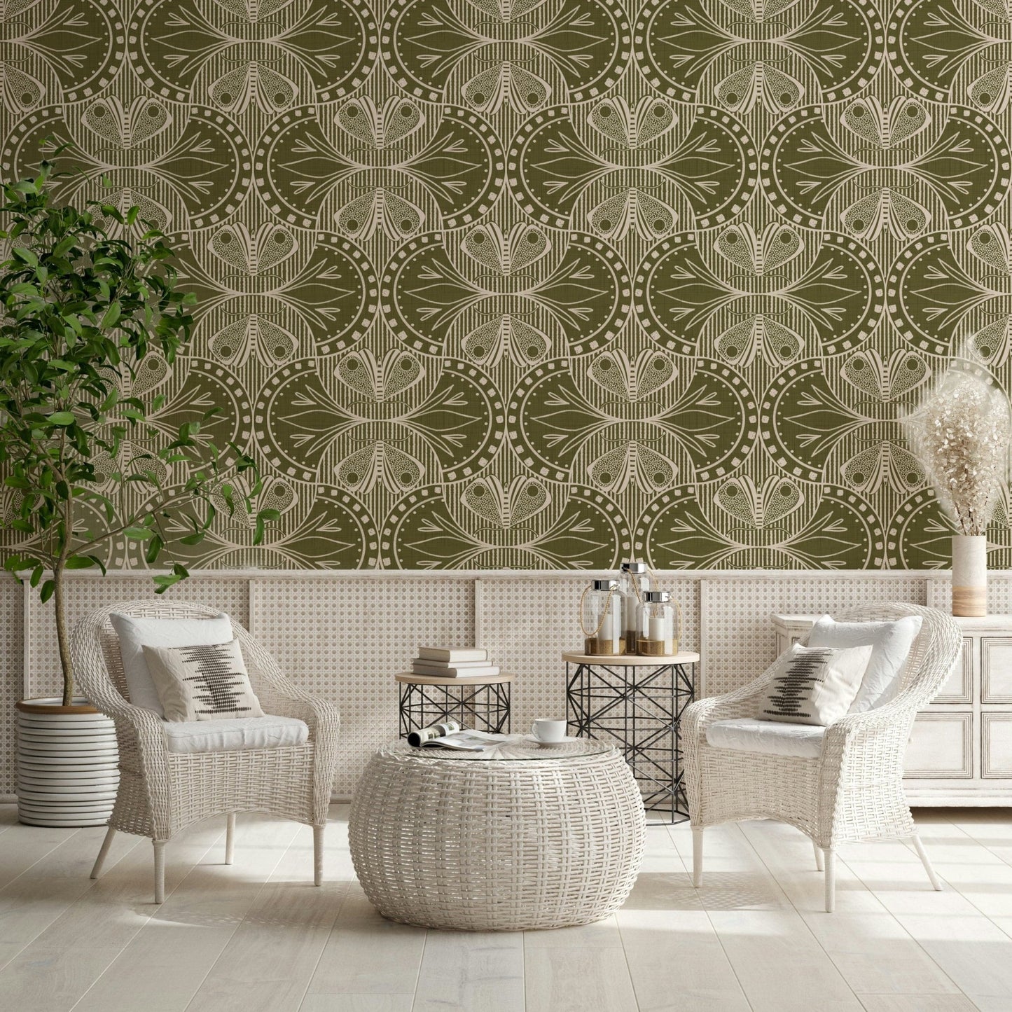 Ornate insect and leaf design wallpaper, forest green background, complex.
