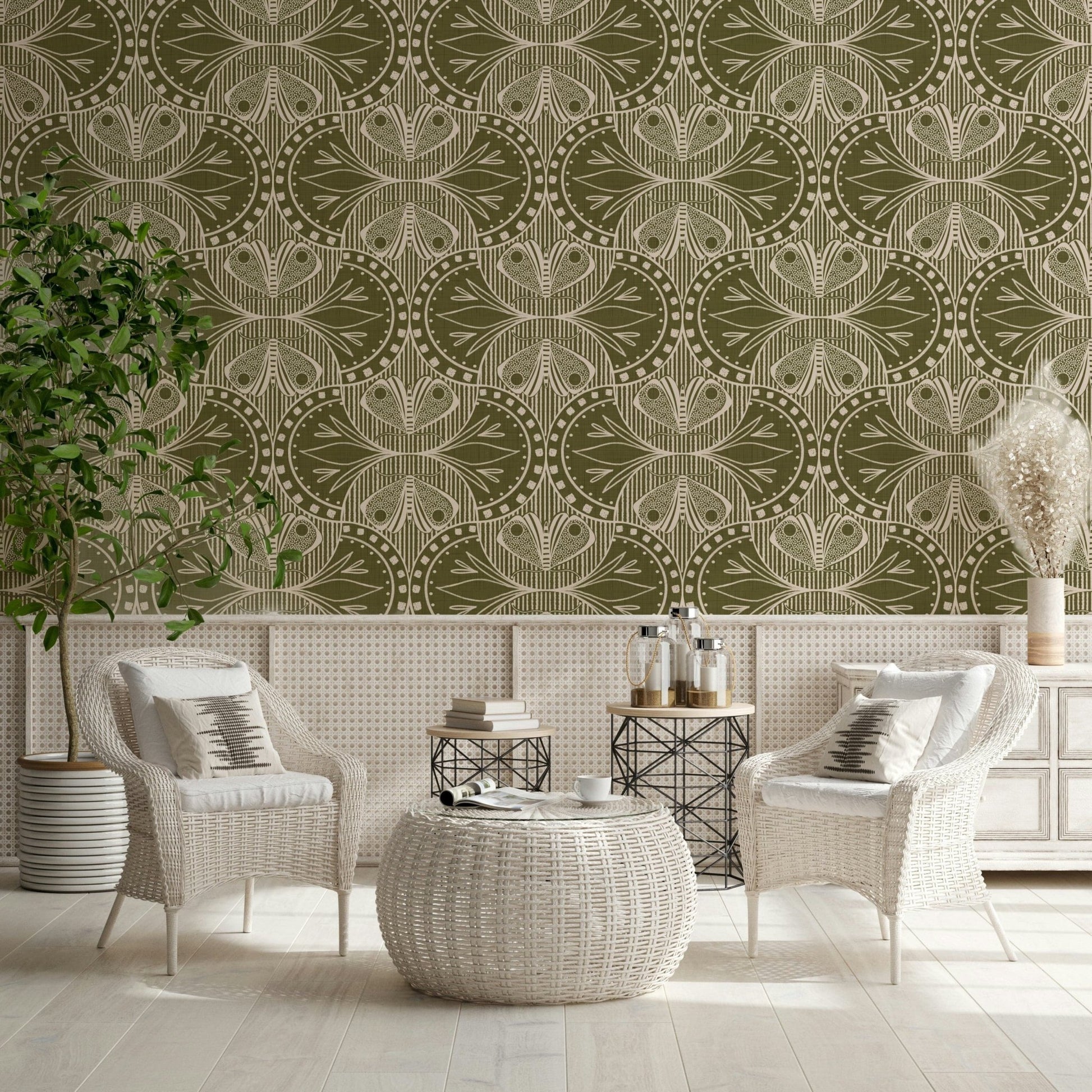 Ornate insect and leaf design wallpaper, forest green background, complex.