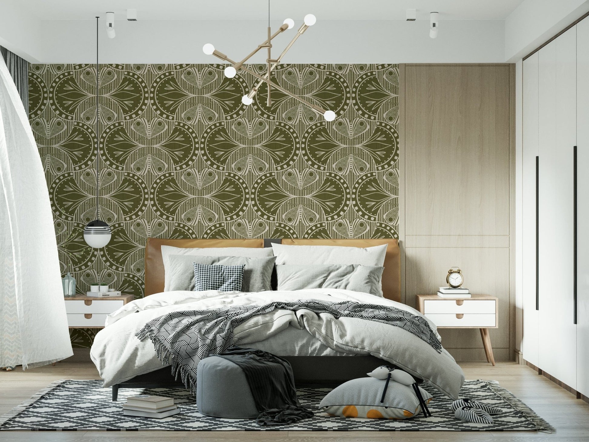 Vintage butterfly motif wall mural, vertical striped pattern, cream figures.