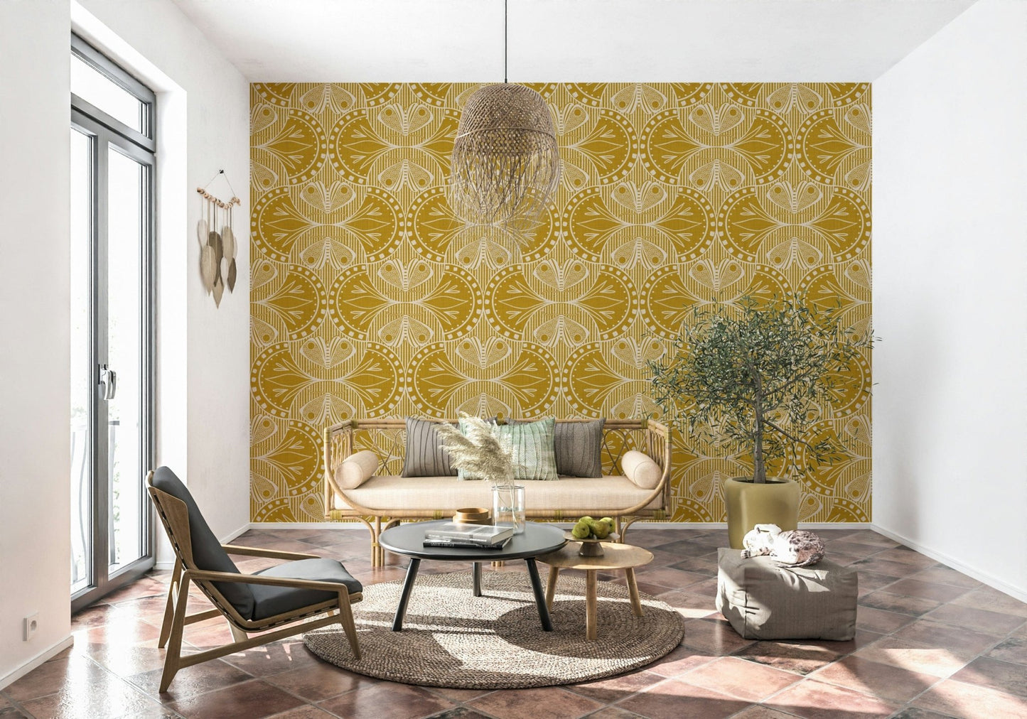 Art Nouveau Butterfly Floral, attractive wall mural, pale beige graphic imagery.