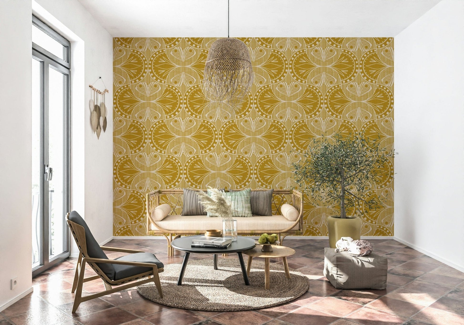 Art Nouveau Butterfly Floral, attractive wall mural, pale beige graphic imagery.