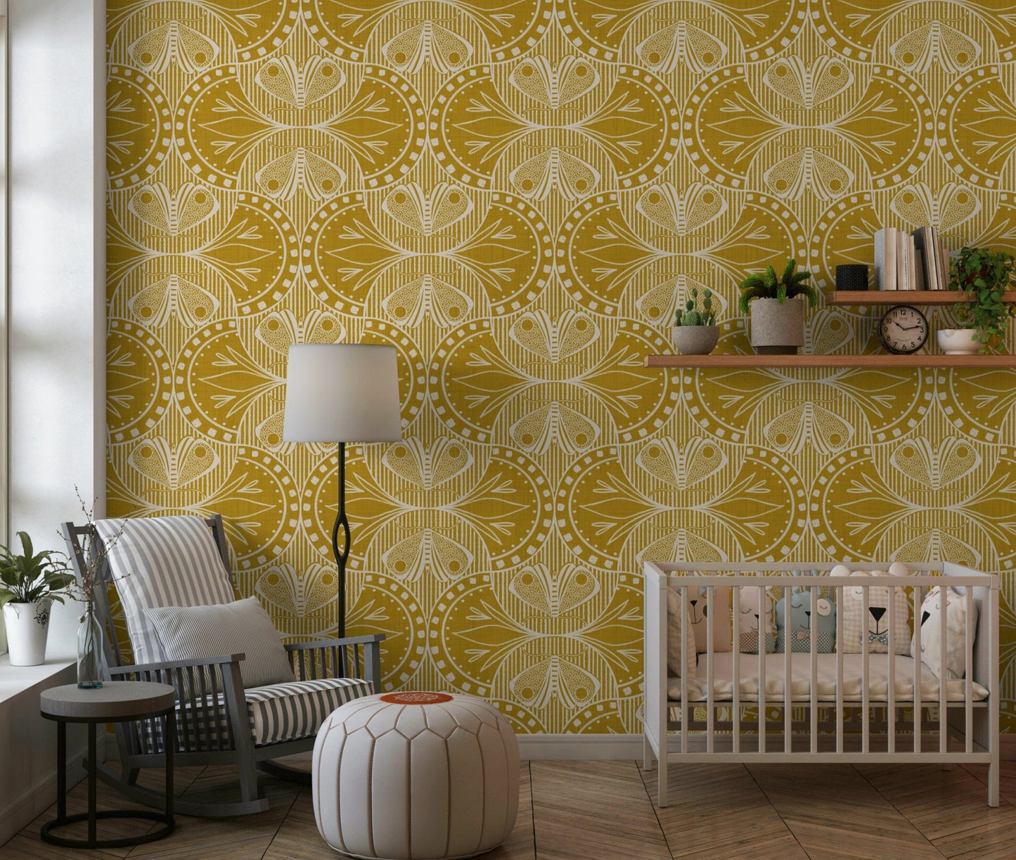 Ochre yellow wall mural, cream white Art Deco style moth pictures, intricate.