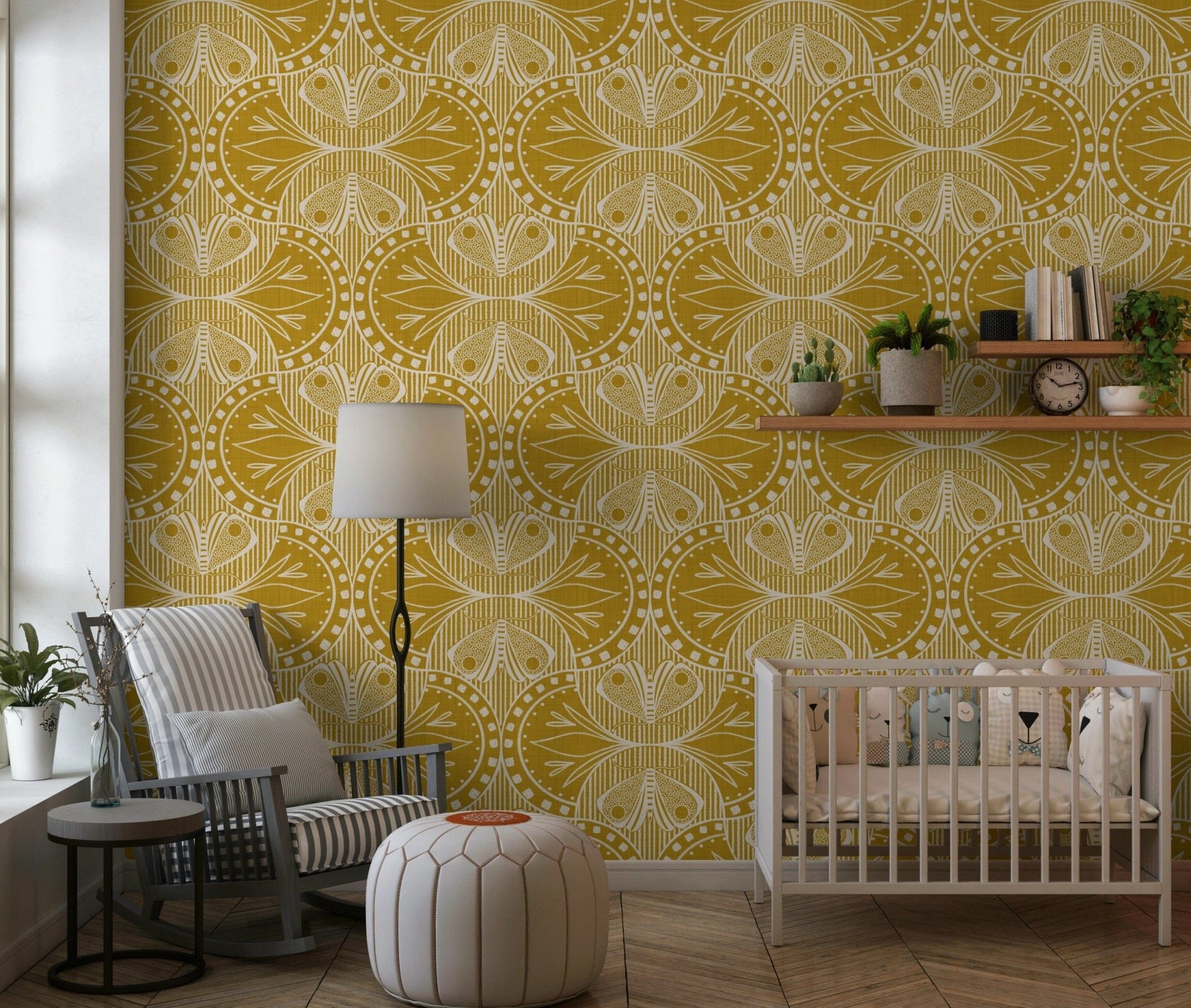 Ochre yellow wall mural, cream white Art Deco style moth pictures, intricate.