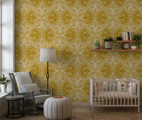 Ochre yellow wall mural, cream white Art Deco style moth pictures, intricate.