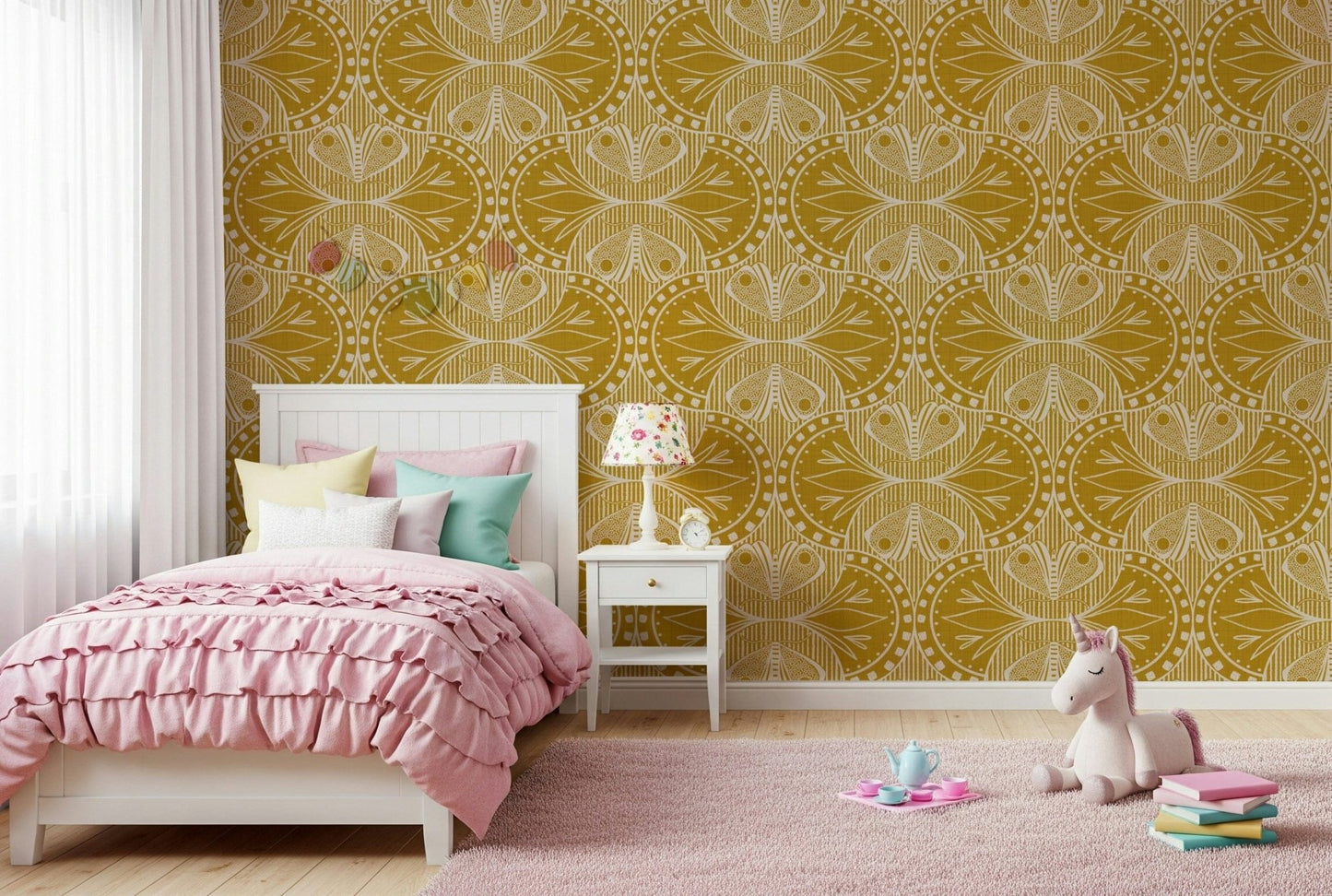 Art Nouveau Butterfly Floral Mustard Gold, recurring motif, interior styling element.