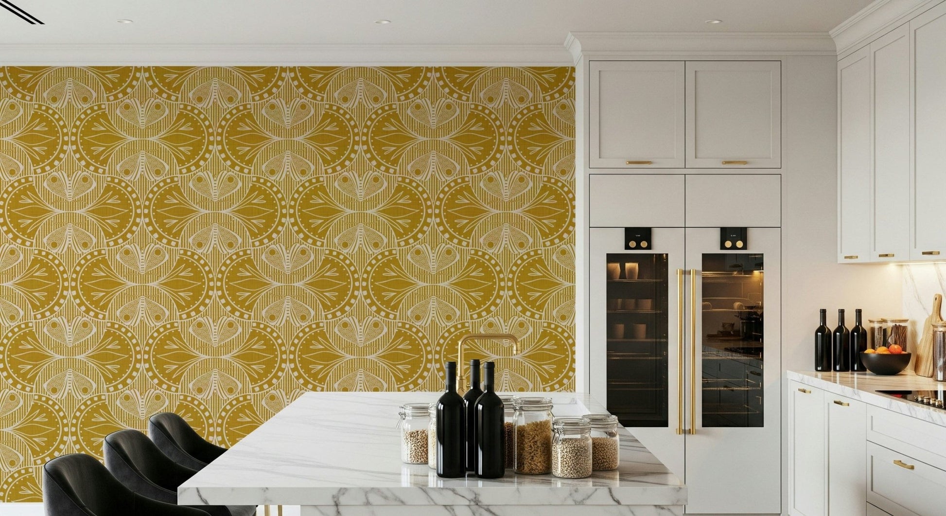 Ornate winged bug pattern wallpaper, bright goldenrod ground, detailed composition.