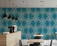 Artistic butterfly repeating wallpaper, curvilinear lines, striking blue color.